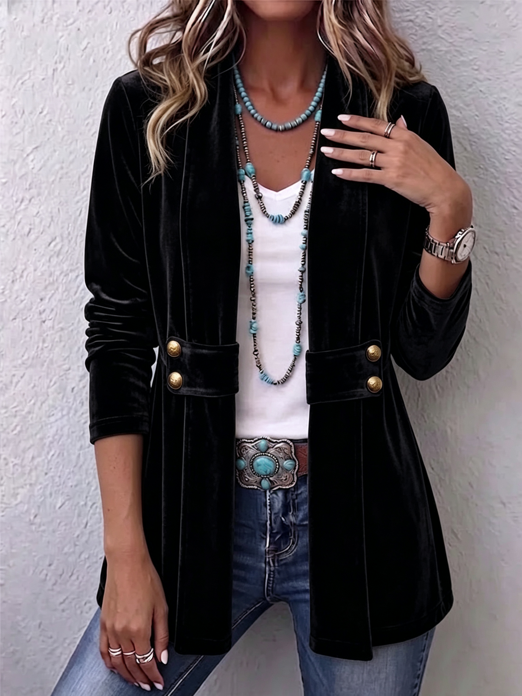 Holliwell | Vintage Lapel Button Accent Long Sleeve Open Front Jacket