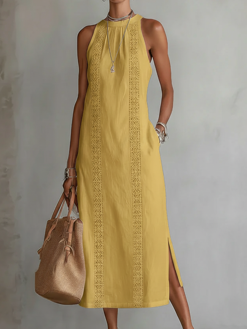 Lorna | Linen Midi Dress with Mao Collar