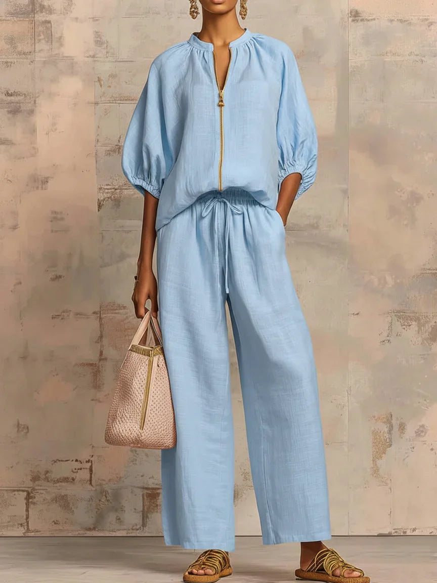 Alba | Two Piece Set Relaxed Style Shirt and Wide Leg Trousers