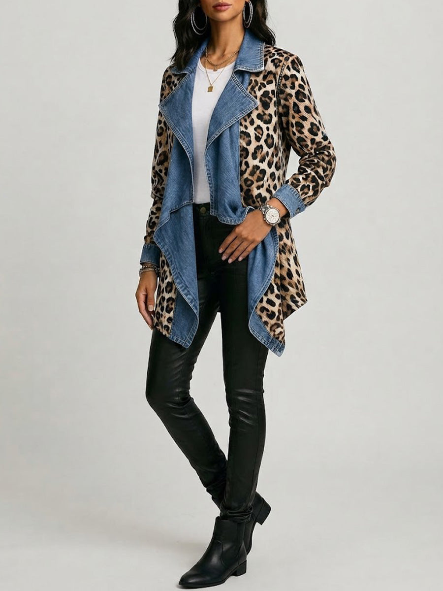 Sherilyn | Leopard Print and Washed Denim Panelled Mid Length Jacket