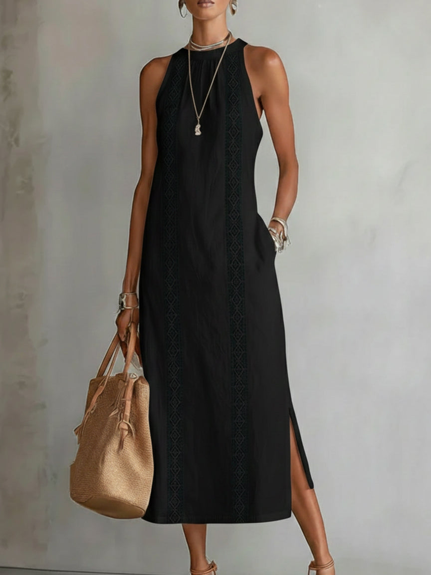 Lorna | Linen Midi Dress with Mao Collar