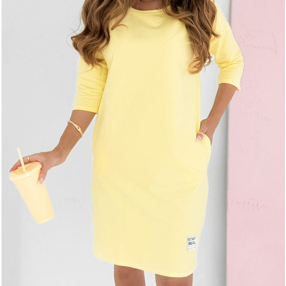 Edna | Round Neck Three-Quarter Sleeve Dress with Pockets