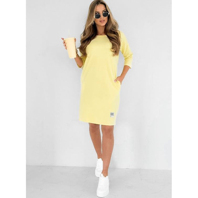 Edna | Round Neck Three-Quarter Sleeve Dress with Pockets
